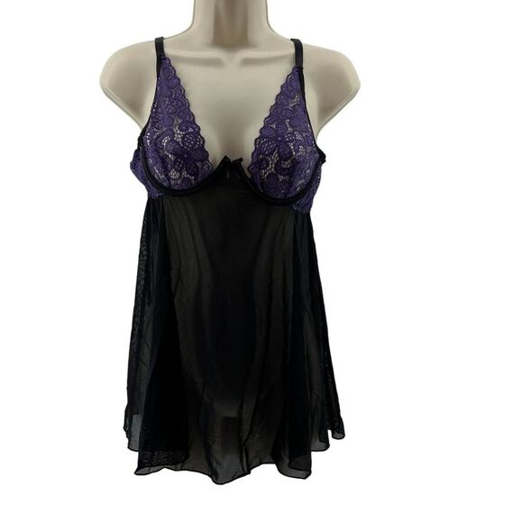 Babydoll Lingerie Set Sheer Black Purple Lace Matching G String Panty Medium - Picture 1 of 5